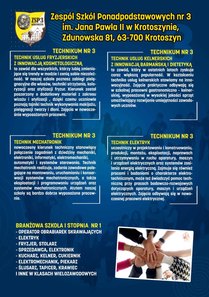 ZSP3 w Krotoszynie , plakat promocyjny - kierunki i dzień otwarty