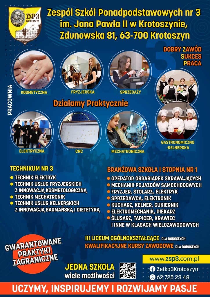 ZSP3 w Krotoszynie , plakat promocyjny - kierunki i dzień otwarty